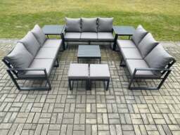 Rackhams Aluminium 11 Seater Outdoor Garden Furniture Set Patio Lounge Sofa with Square Coffee Table 2 Side Tables 2 Small Footstools Dark Grey - thumbnail 1