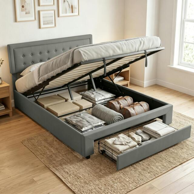 Rackhams King Bed Frame with Storage and Adjustable Headboard, Grey - image 1