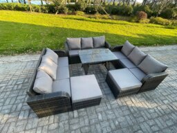 Rackhams Rattan Garden Furniture Dining Set 11 seater Patio Rectangular Table 2 Big Footstool Dark Grey Mixed - thumbnail 2