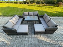 Rackhams Rattan Garden Furniture Dining Set 11 seater Patio Rectangular Table 2 Big Footstool Dark Grey Mixed - thumbnail 1