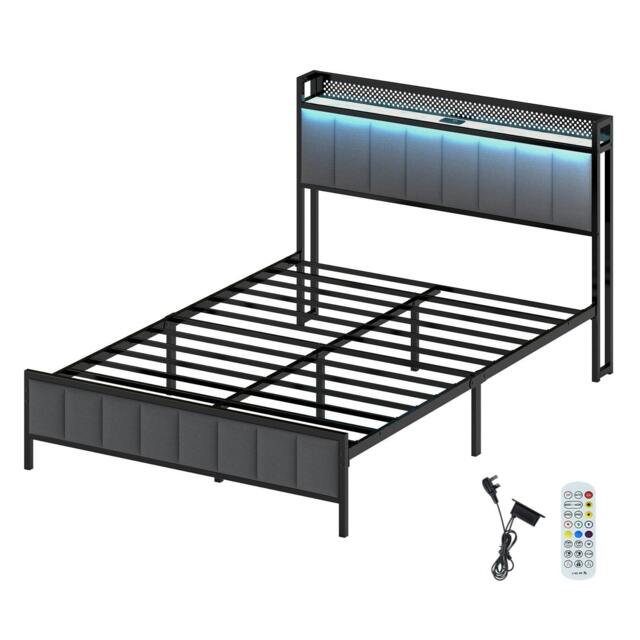 Rackhams Double Bed Frame Upholstered Headboard Metal Mattress Base LED Lights USB - image 1