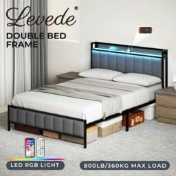 Rackhams Double Bed Frame Upholstered Headboard Metal Mattress Base LED Lights USB - thumbnail 2