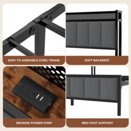 Rackhams Double Bed Frame Upholstered Headboard Metal Mattress Base LED Lights USB - thumbnail 6