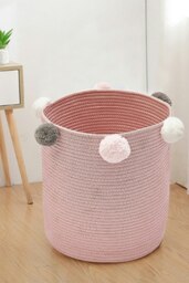 Rackhams Cotton Rope Basket Woven Laundry Blanket Toy Basket Organizer with Pompom Living Room Pink - Pink - thumbnail 6