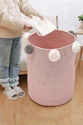 Rackhams Cotton Rope Basket Woven Laundry Blanket Toy Basket Organizer with Pompom Living Room Pink - Pink - thumbnail 2