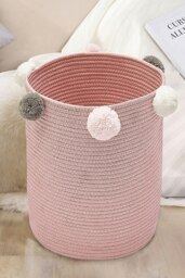 Rackhams Cotton Rope Basket Woven Laundry Blanket Toy Basket Organizer with Pompom Living Room Pink - Pink - thumbnail 5