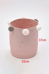 Rackhams Cotton Rope Basket Woven Laundry Blanket Toy Basket Organizer with Pompom Living Room Pink - Pink - thumbnail 4