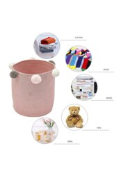 Rackhams Cotton Rope Basket Woven Laundry Blanket Toy Basket Organizer with Pompom Living Room Pink - Pink - thumbnail 3