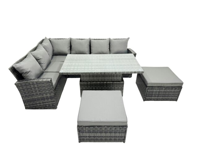 Rackhams Poly Rattan Outdoor Patio Height Adjustable Rising Lifting Table Corner Sofa Set with 2 Big Stool for Garden Backyard Dark Grey Mixed - image 1