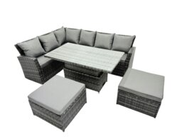 Rackhams Poly Rattan Outdoor Patio Height Adjustable Rising Lifting Table Corner Sofa Set with 2 Big Stool for Garden Backyard Dark Grey Mixed - thumbnail 2