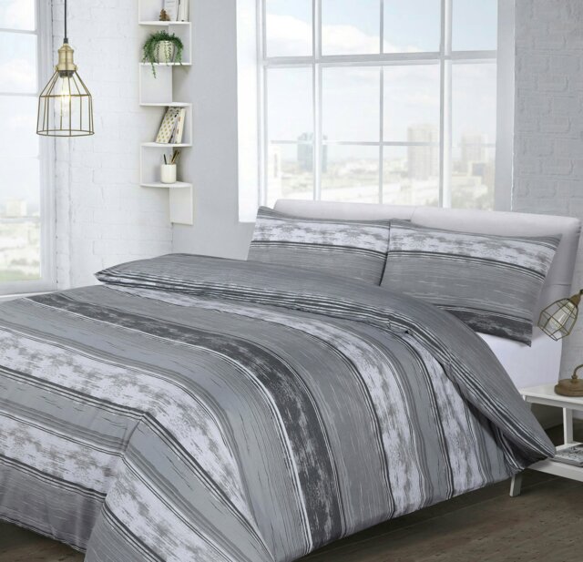 Rackhams Brooklyn Stripe Printed Cotton Blend Duvet Cover and Pillowcase Set - Grey - Double - image 1