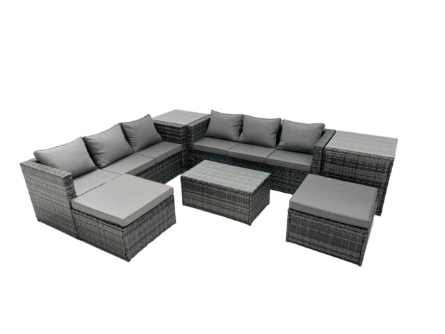 Rackhams Rattan Garden Furniture Dining Set 8 seater Patio Coffee Table Sofa Set with 2 Side Tables 2 Big Footstools Dark Grey Mixed - image 1