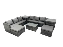 Rackhams Rattan Garden Furniture Dining Set 8 seater Patio Coffee Table Sofa Set with 2 Side Tables 2 Big Footstools Dark Grey Mixed - thumbnail 1