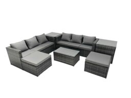Rackhams Rattan Garden Furniture Dining Set 8 seater Patio Coffee Table Sofa Set with 2 Side Tables 2 Big Footstools Dark Grey Mixed - thumbnail 2