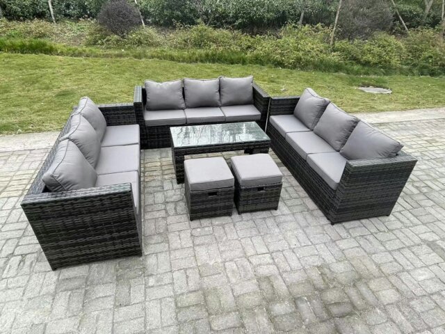 Rackhams Outdoor Rattan Garden Furniture Lounge Sofa Set With Oblong Rectagular Coffee Table 2 Footstools - image 1
