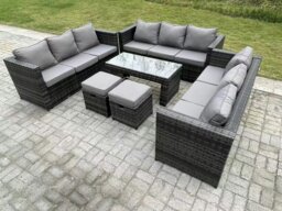 Rackhams Outdoor Rattan Garden Furniture Lounge Sofa Set With Oblong Rectagular Coffee Table 2 Footstools - thumbnail 2