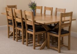 Rackhams Vermont Cross Leg Oak Extending Dining Table with Lincoln Oak Chairs - Natural Oak - 8 chairs