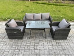 Rackhams Rattan Wicker Garden Furniture Patio Conservatory Sofa Set with Rectangular Dining Table Reclining Chair 3 Seater Sofa - thumbnail 1