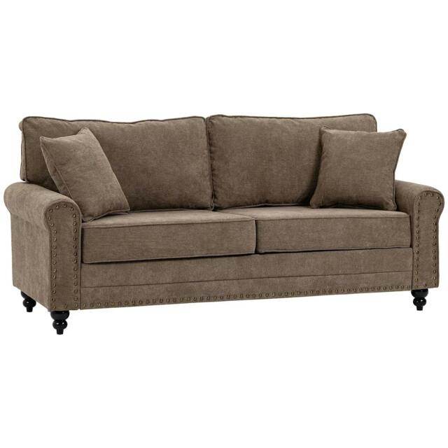 Rackhams 196cm 3 Seater Sofa, Fabric Sofa with Rubber Wood Legs, Nailhead Trim, 2 Pillows, Small Upholstered Couch Settee for Living Room, Guest Room, Brown - image 1