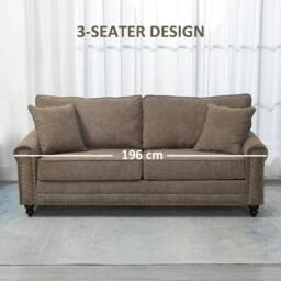Rackhams 196cm 3 Seater Sofa, Fabric Sofa with Rubber Wood Legs, Nailhead Trim, 2 Pillows, Small Upholstered Couch Settee for Living Room, Guest Room, Brown - thumbnail 6