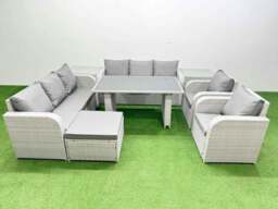 Rackhams 9 Seater Wicker PE Rattan Furniture Outdoor Dining Table 3 Seater Sofa Reclining Chair Set with 2 Side Tables Big Stool Light Grey - thumbnail 1