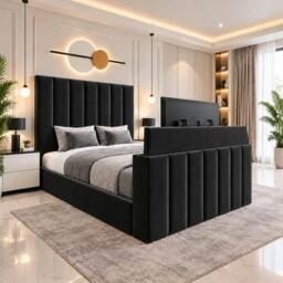 Rackhams Velmora Luxury Upholstered TV Bed with Tall Panel Headboard - Super King - Solid Wood - Navy Blue - thumbnail 3