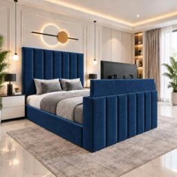 Rackhams Velmora Luxury Upholstered TV Bed with Tall Panel Headboard - Super King - Solid Wood - Navy Blue