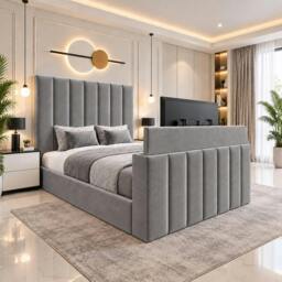 Rackhams Velmora Luxury Upholstered TV Bed with Tall Panel Headboard - Super King - Solid Wood - Navy Blue - thumbnail 5