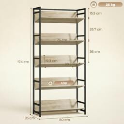 Rackhams Bookcase Anti-Slip Design 5-Tier - 80 x 35 x 174 cm - Black - thumbnail 4