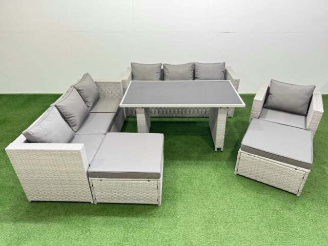 Rackhams Patio Garden Furniture Sets with Black Glass Top Dining Table 3 Seater Sofa Armchair 2 Big Stool Light Grey - image 1