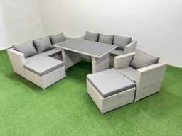 Rackhams Patio Garden Furniture Sets with Black Glass Top Dining Table 3 Seater Sofa Armchair 2 Big Stool Light Grey - thumbnail 2