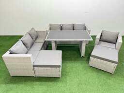 Rackhams Patio Garden Furniture Sets with Black Glass Top Dining Table 3 Seater Sofa Armchair 2 Big Stool Light Grey - thumbnail 1