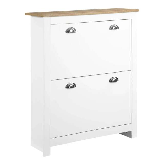 Rackhams 2 Drawer Shoe Cabinet Modern Narrow Shoe Cupboard Hallway Wooden Storage Organiser with Flip Doors Adjustable Shelf for 6-12 Pairs, White - image 1
