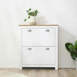 Rackhams 2 Drawer Shoe Cabinet Modern Narrow Shoe Cupboard Hallway Wooden Storage Organiser with Flip Doors Adjustable Shelf for 6-12 Pairs, White - thumbnail 2