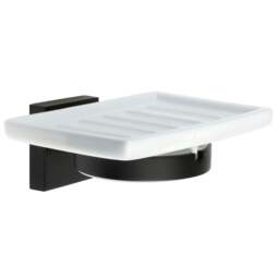 Rackhams Porcelain Rectangular Soap Dish Tray and Matt Black Wall Mounted Holder with Concealed Screws for Bath Shower Bathroom