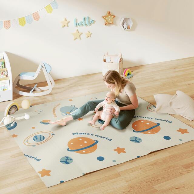 Rackhams Baby Play Mat, Foldable Activity Playmat, Astronaut & Planet Theme - multicoloured - 196L x 176W x 1.5D cm - Astronaut & Planet Theme - image 1