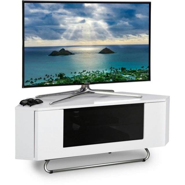 "Rackhams Hampshire Corner-Friendly Gloss White with Black Contrast Beam-Thru Remote Friendly Door 26""-50"" Flat Screen TV Cabinet" - image 1