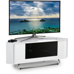 "Rackhams Hampshire Corner-Friendly Gloss White with Black Contrast Beam-Thru Remote Friendly Door 26""-50"" Flat Screen TV Cabinet"