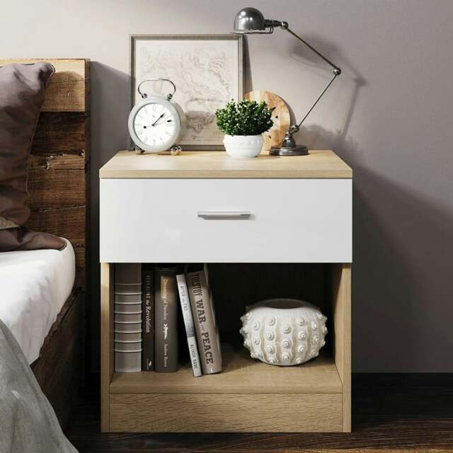 Rackhams High Gloss Bedroom Furniture 3 Piece Trio Set Wardrobe Chest Bedside - OAK/CREAM GLOSS - Bedside Table - image 1