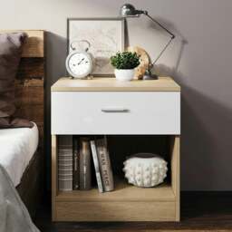 Rackhams High Gloss Bedroom Furniture 3 Piece Trio Set Wardrobe Chest Bedside - OAK/CREAM GLOSS - Bedside Table