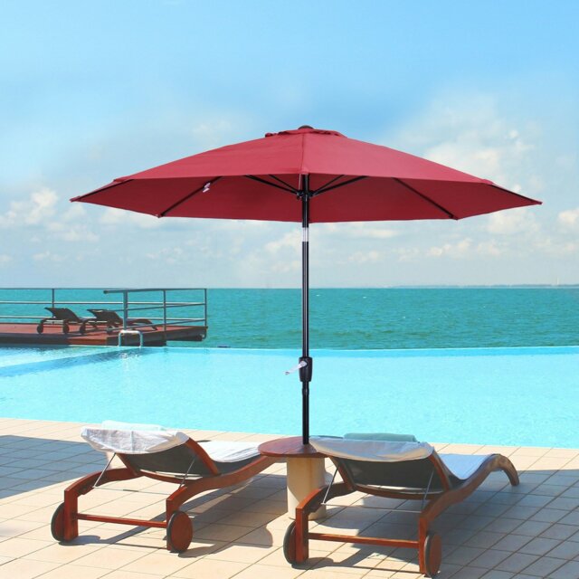 Rackhams 2.7M Garden Parasol Umbrella with Glass Fibre Ribs and Aluminium Frame, Tilting Sun Shade Shelter Canopy, Charcoal Grey - Wine Red - 265cm x 265cm x 240cm