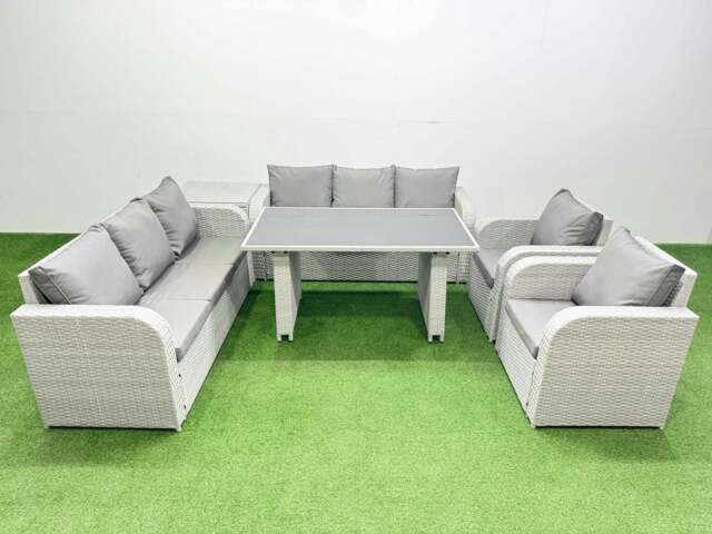 Rackhams 8 Seater Wicker PE Rattan Furniture Outdoor Dining Table 3 Seater Sofa Reclining Chair Set with Side Table Light Grey - image 1