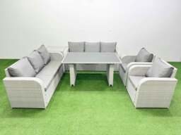 Rackhams 8 Seater Wicker PE Rattan Furniture Outdoor Dining Table 3 Seater Sofa Reclining Chair Set with Side Table Light Grey
