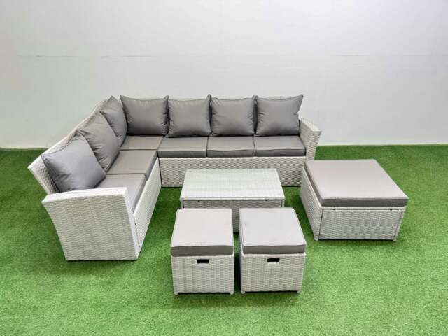 Rackhams 9 Seater Garden Outdoor PE Rattan Furniture Set Rattan Garden Sofa Set with Oblong Coffee Table Light Grey Mixed - image 1