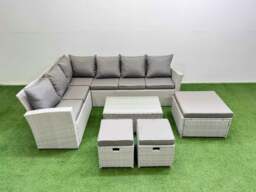Rackhams 9 Seater Garden Outdoor PE Rattan Furniture Set Rattan Garden Sofa Set with Oblong Coffee Table Light Grey Mixed - thumbnail 1