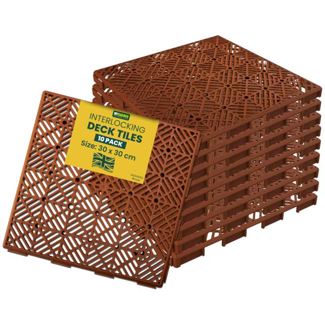 Rackhams My Garden Interlocking Decking Tiles Outdoor - 30x30cm 10 Pack Garden Plastic Tiles Weather-Resistant, Easy Install - Brown - image 1