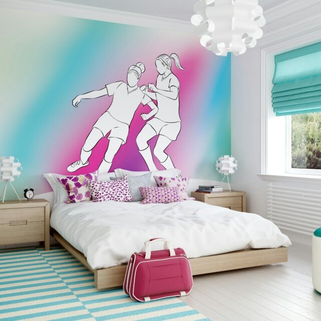 Rackhams Girls Playing Football Wall Mural - Blue - Medium - W300cm x H240cm - image 1