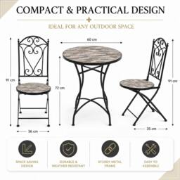 Rackhams Oasis Mosaic Bistro Set 3 Piece Outdoor Garden Furniture Set with 2 Folding Chairs and Round Table for Balcony Dining - 3 Piece - thumbnail 4