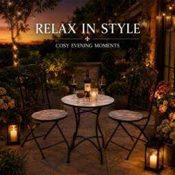 Rackhams Oasis Mosaic Bistro Set 3 Piece Outdoor Garden Furniture Set with 2 Folding Chairs and Round Table for Balcony Dining - 3 Piece - thumbnail 5