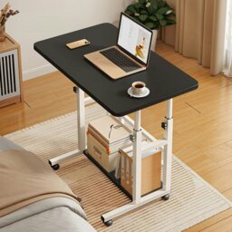 Rackhams 2-tier Height Adjustable Mobile Table Overbed Desk with Shelves Wheels - Black